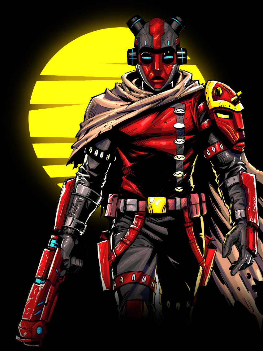 Armoured hunter overlooking the Neon Citadel under an amber moon